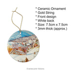 Product details for Ceramic Christmas Ornaments with Snowy Winter Landscape painting 'High Peak and Round Top (Catskill) in Winter' by artist Charles Herbert Moore 