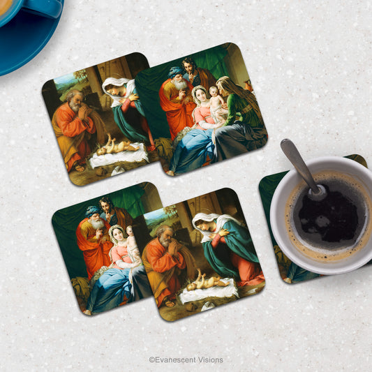 Counter top with drinks showing Christmas Nativity coasters