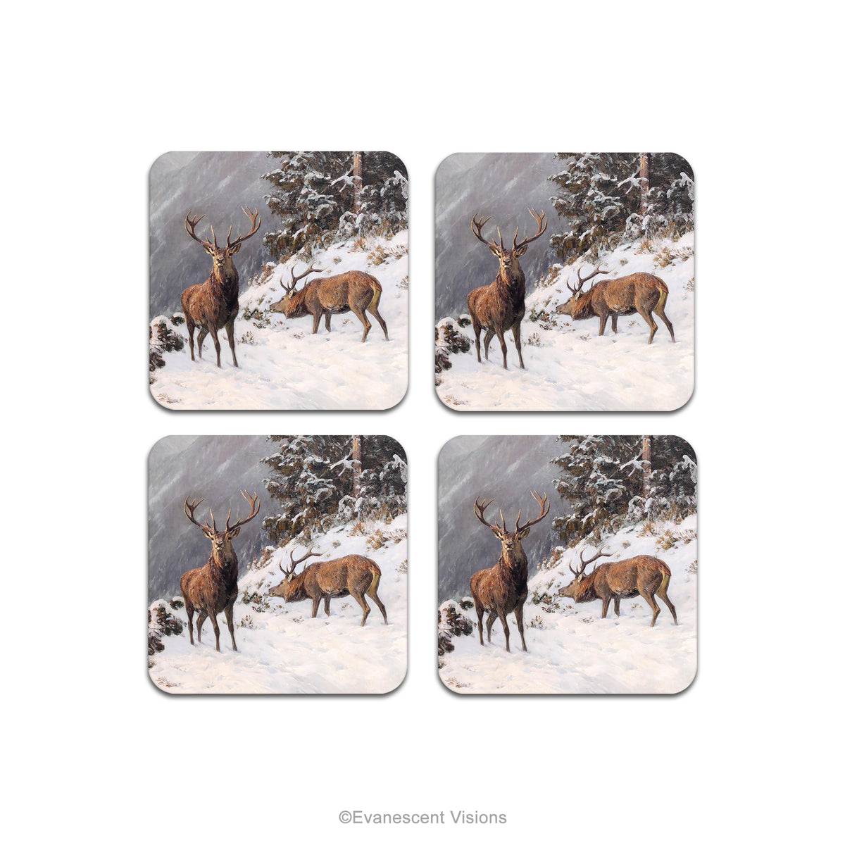 Christmas Wildlife Coasters Set of 4, Red Deer in Winter