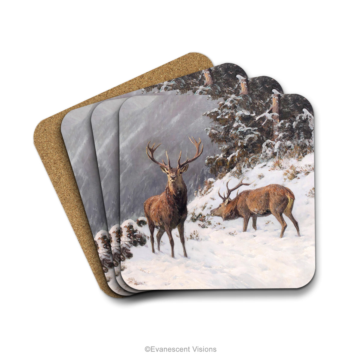 Christmas Wildlife Coasters Set of 4, Red Deer in Winter