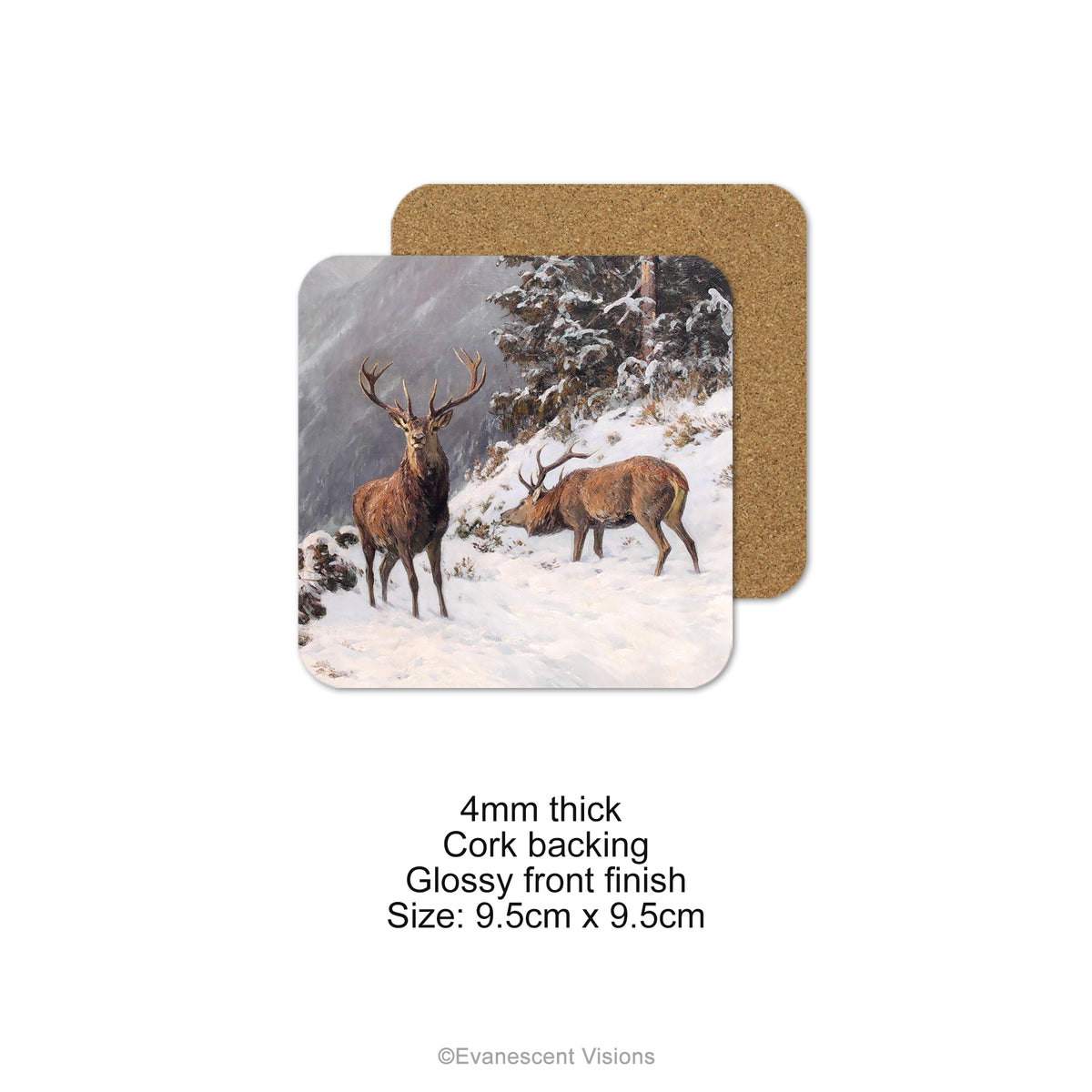Christmas Wildlife Coasters Set of 4, Red Deer in Winter