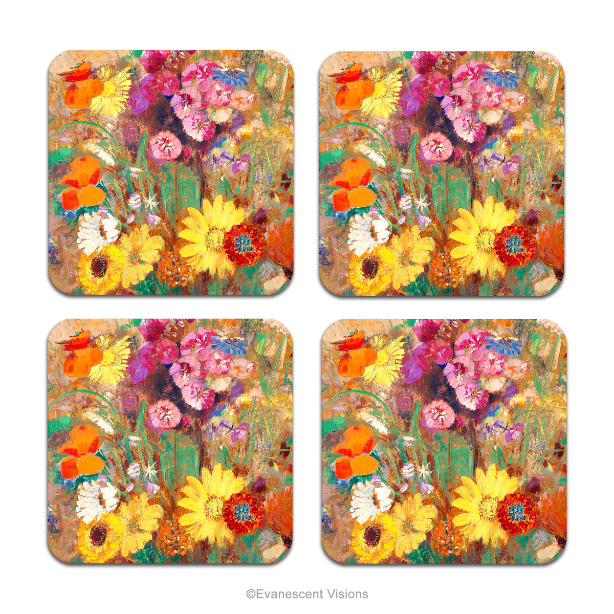 Four square coasters with colourful Wildflowers painting Grand Bouquet de Fleurs de Champs' by Odilon Redon