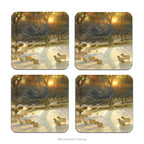 Set of 4 coasters, each printed with a winter scene featuring sheep in a snowy field at sunset by Farquharson. 