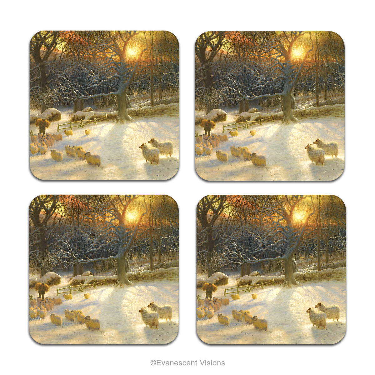 Set of 4 coasters, each printed with a winter scene featuring sheep in a snowy field at sunset by Farquharson. 