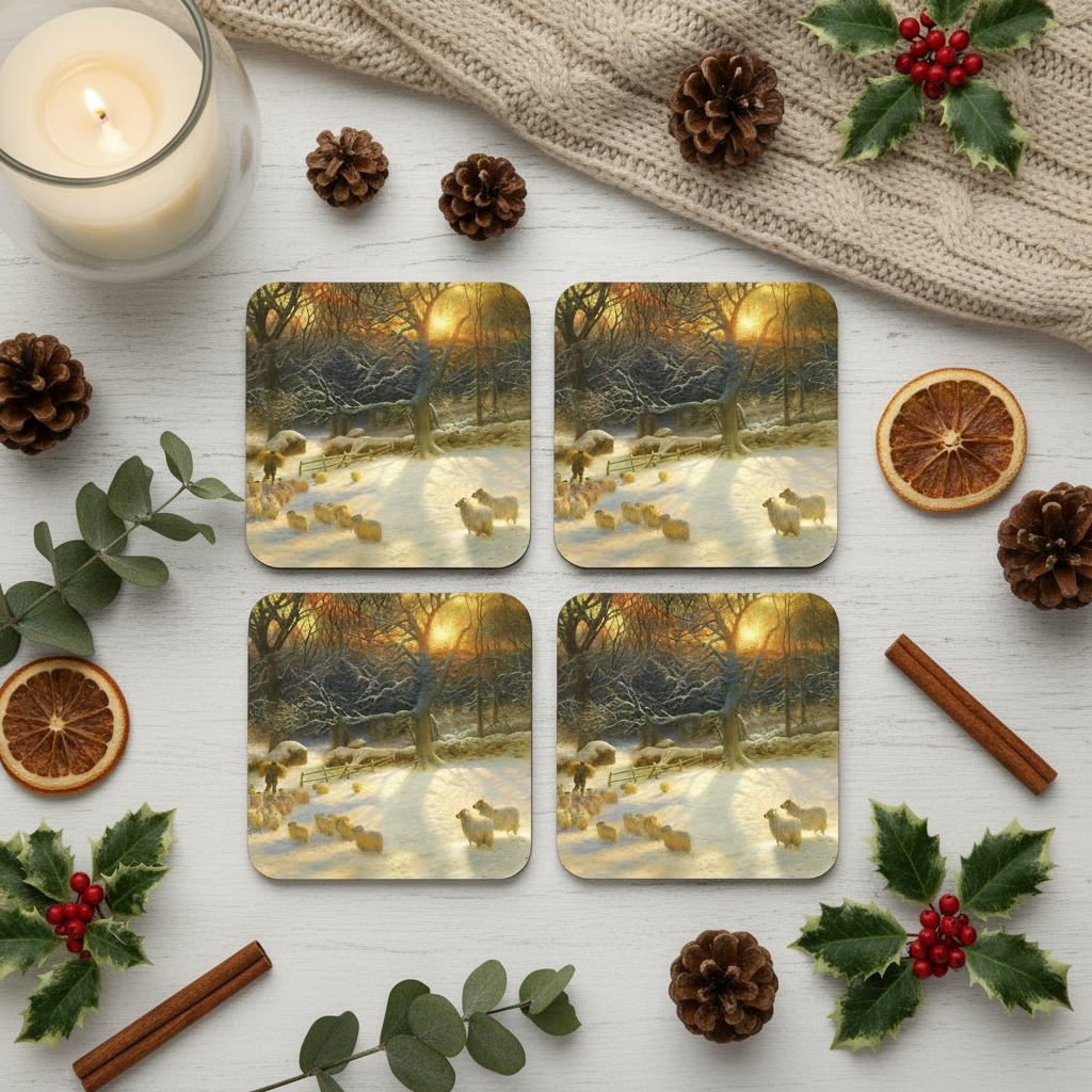 Set of 4 coasters, each printed with a winter scene featuring sheep in a snowy field at sunset by Farquharson, styled on a wood surface.