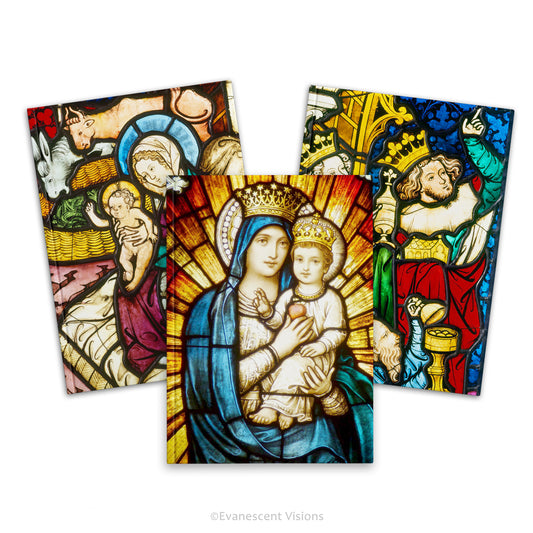 Religous and Christmas themed Stained Glass Art Hardcover Notebooks with Mary and Jesus and Adoration of the Magi designs