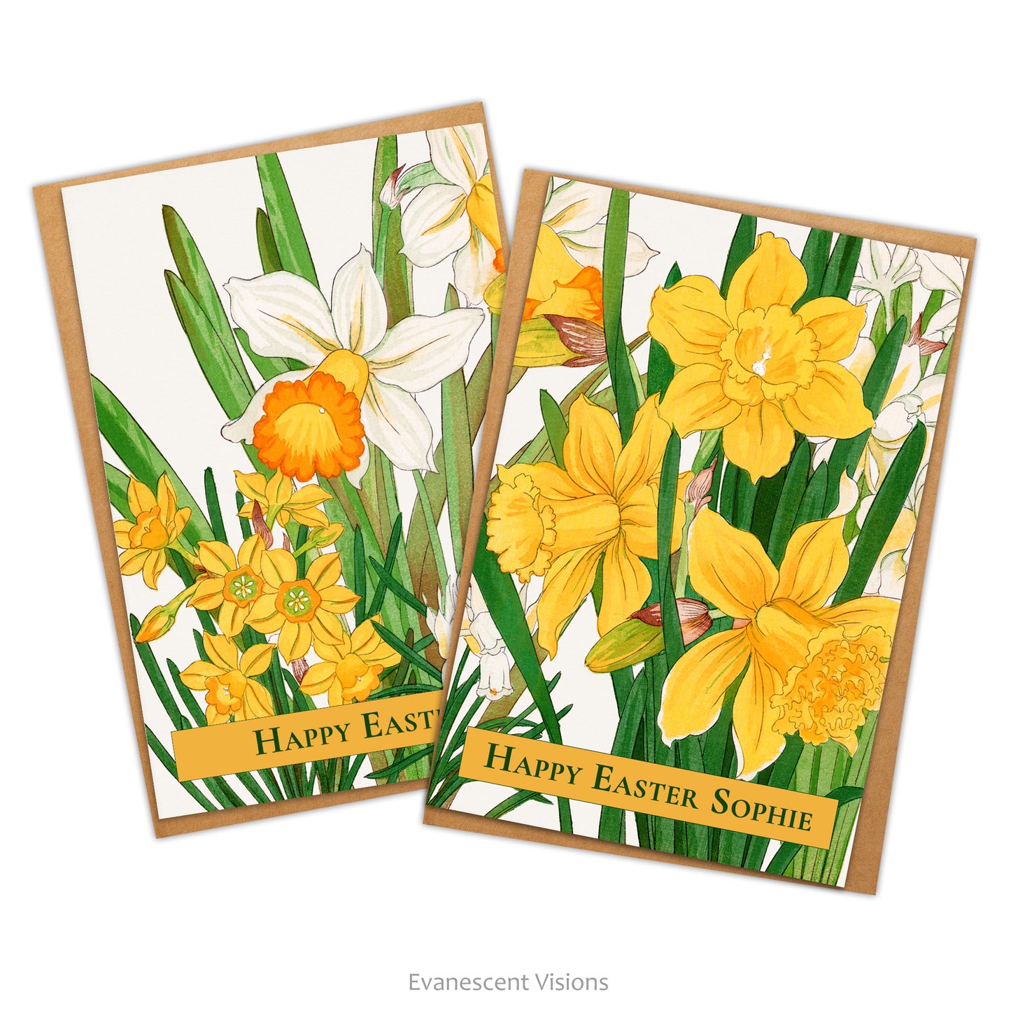 Two personalised floral Easter cards and envelopes with images from a woodblock design of daffodils by Kônan Tanigami