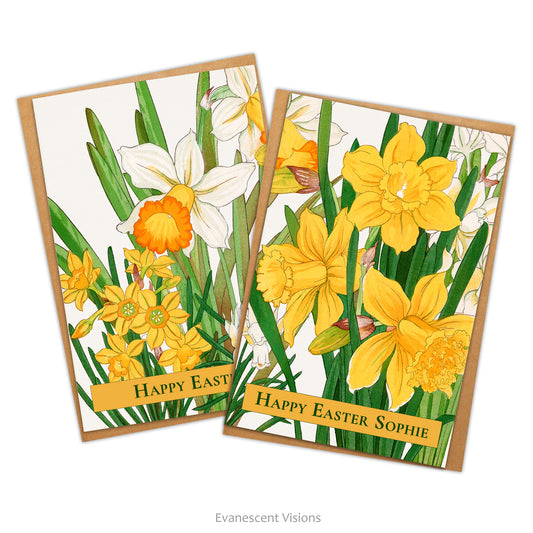 Two personalised floral Easter cards and envelopes with images from a woodblock design of daffodils by Kônan Tanigami