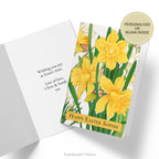 Inside of card with personalised greeting and front of card with floral Easter design with image from a woodblock design of daffodils by Kônan Tanigami