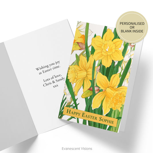 Inside of card with personalised greeting and front of card with floral Easter design with image from a woodblock design of daffodils by Kônan Tanigami