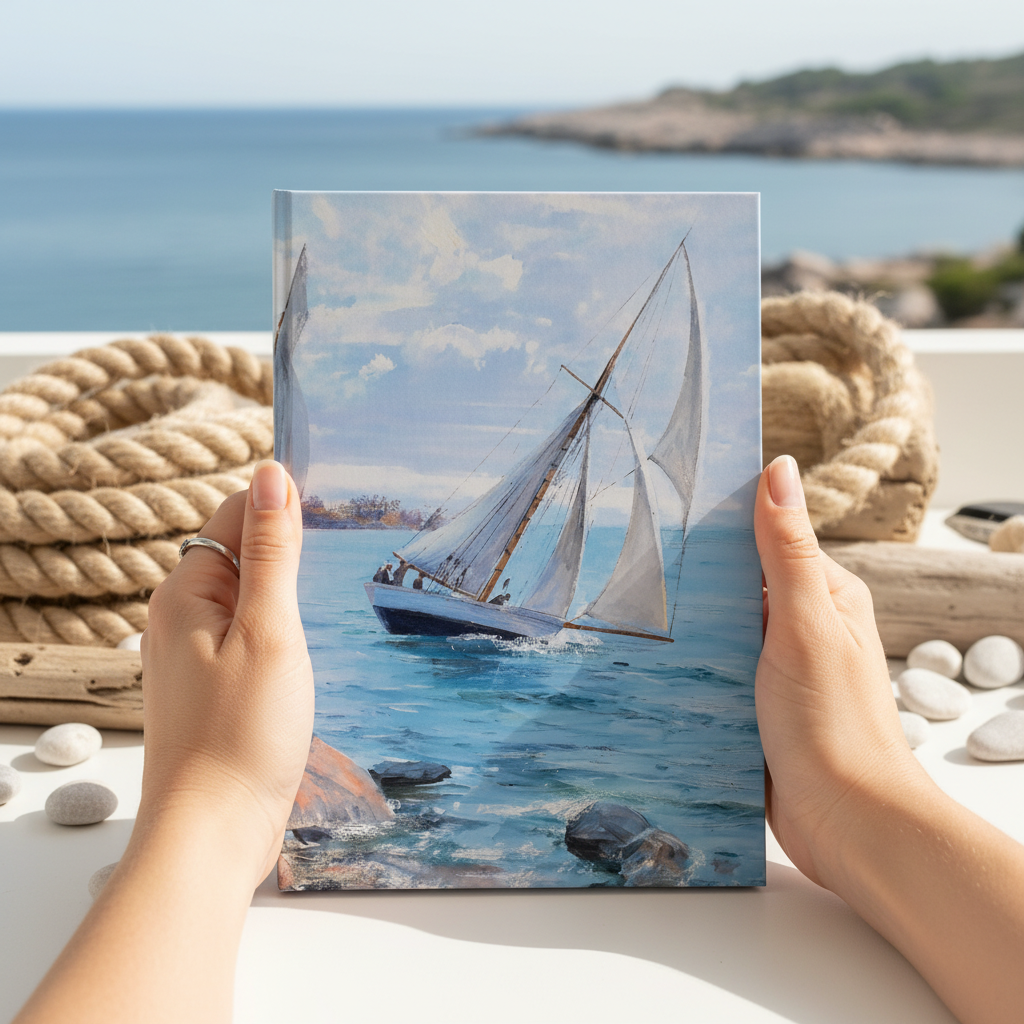 A person holds a hardcover notebook  depicting a white sailboat sailing on blue water from painting 'Sailing' by Danielson-Gambogi,  with a coastal seaside background .
