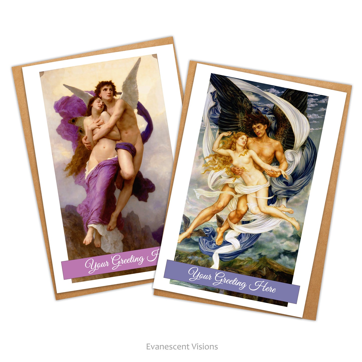 Two cards and envelopes with personalised front greetings. The lefthand card shows the image of 'The Rapture of Psyche' by William-Adolphe Bouguereau and the righthand card shows the image of the painting  'Boreas and Oreithyia' by Evelyn De Morgan.