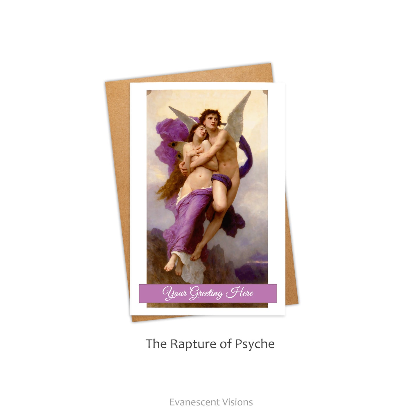 Card and envelope with personalised front greeting. Card shows image from 'The Rapture of Psyche' by William-Adolphe Bouguereau.