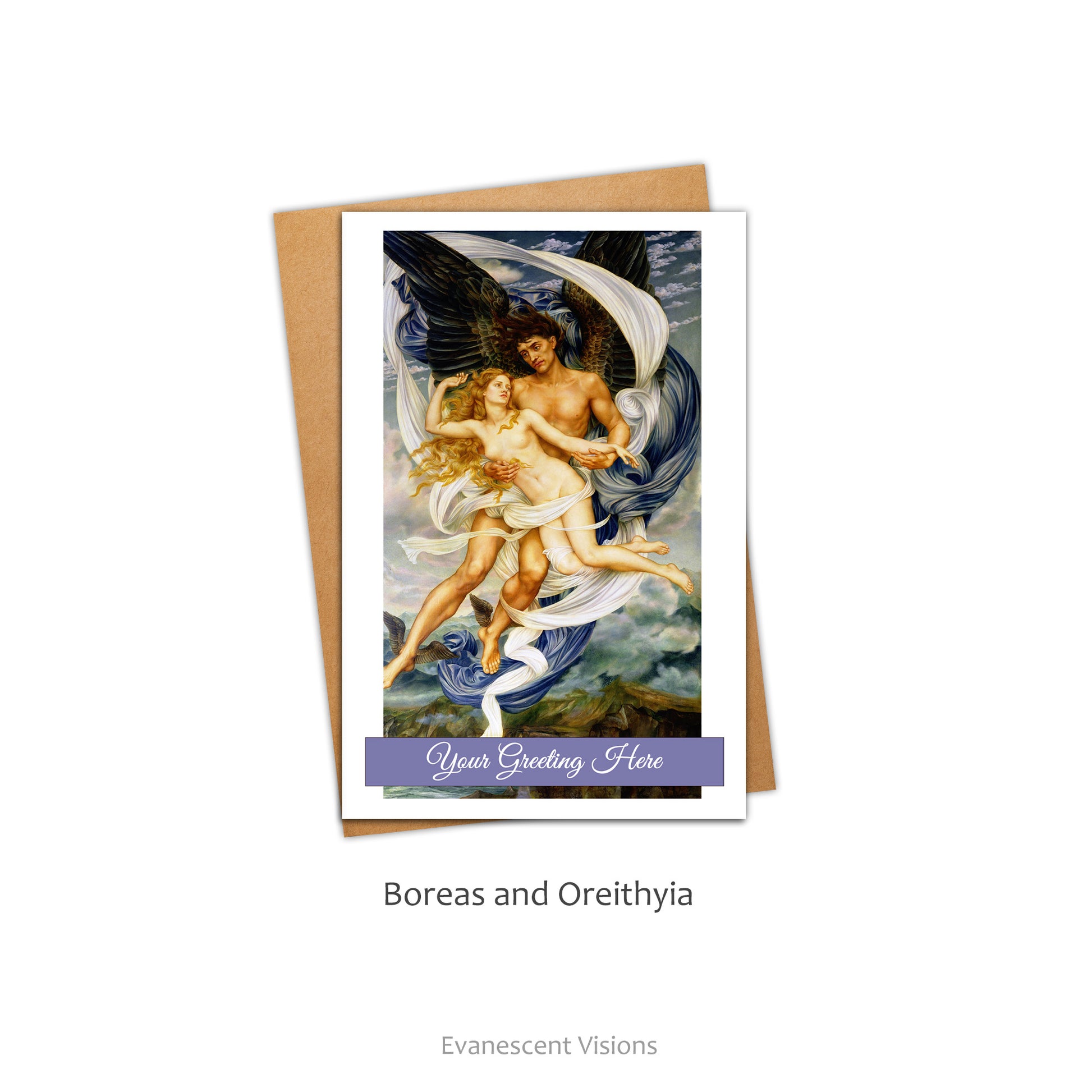 Card and envelope with personalised front greeting. The card shows the image of the painting  'Boreas and Oreithyia' by Evelyn De Morgan.
