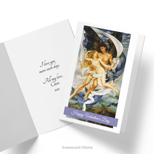 Card showing image of the painting  'Boreas and Oreithyia' by Evelyn De Morgan. Personalised greeting on front of card. Also shown is inside of card with custom greeting.