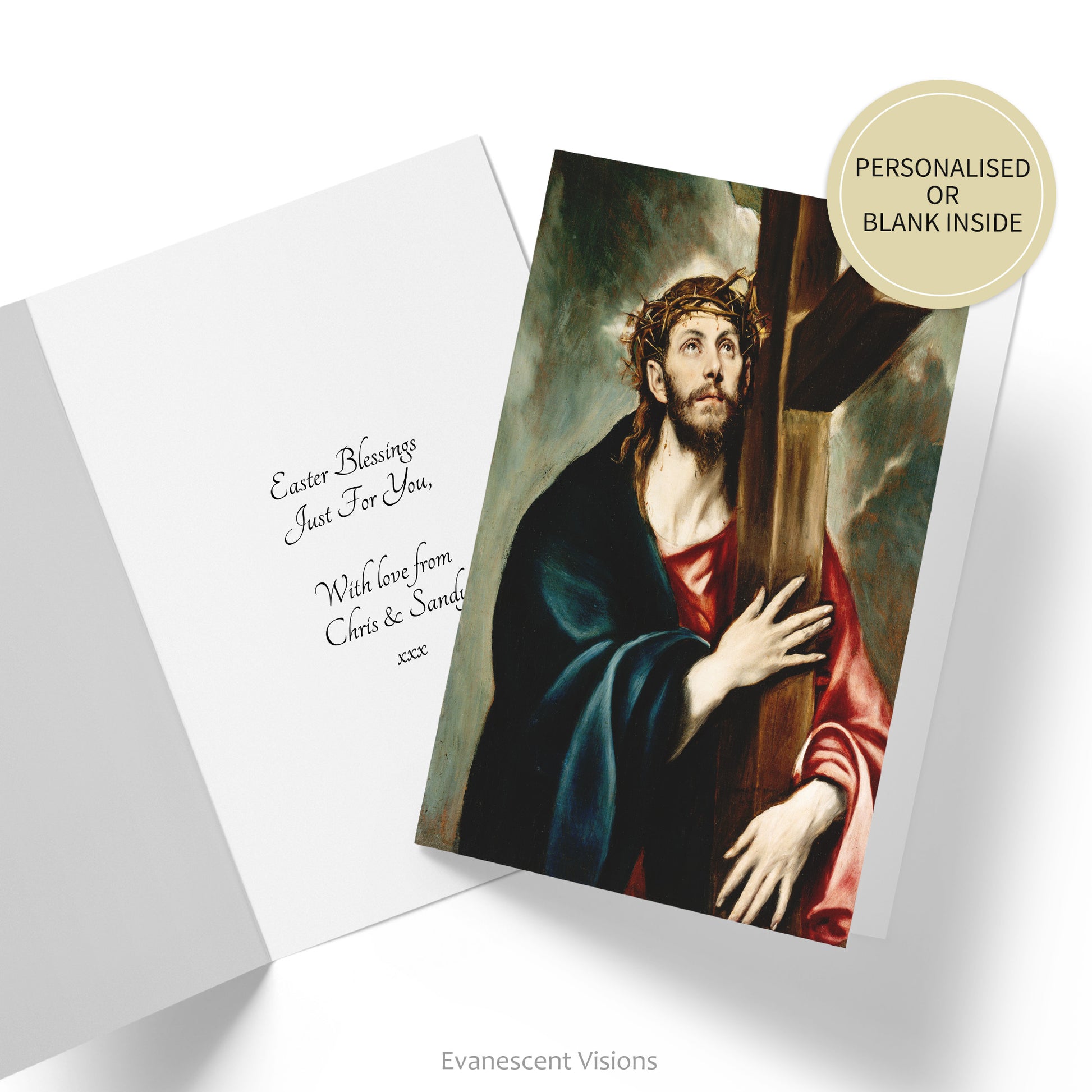 Card with image from the painting 'Christ Carrying the Cross' by El Greco. Inside of card shown with custom greeting.