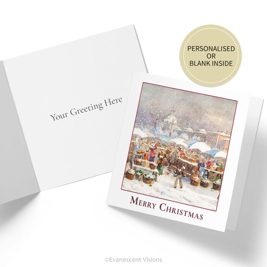 Inside and front views of Merry Christmas Winter Art Card with artwork Market at Karlsplatz, Vienna, in Winter' by artist Emmerich Kirall