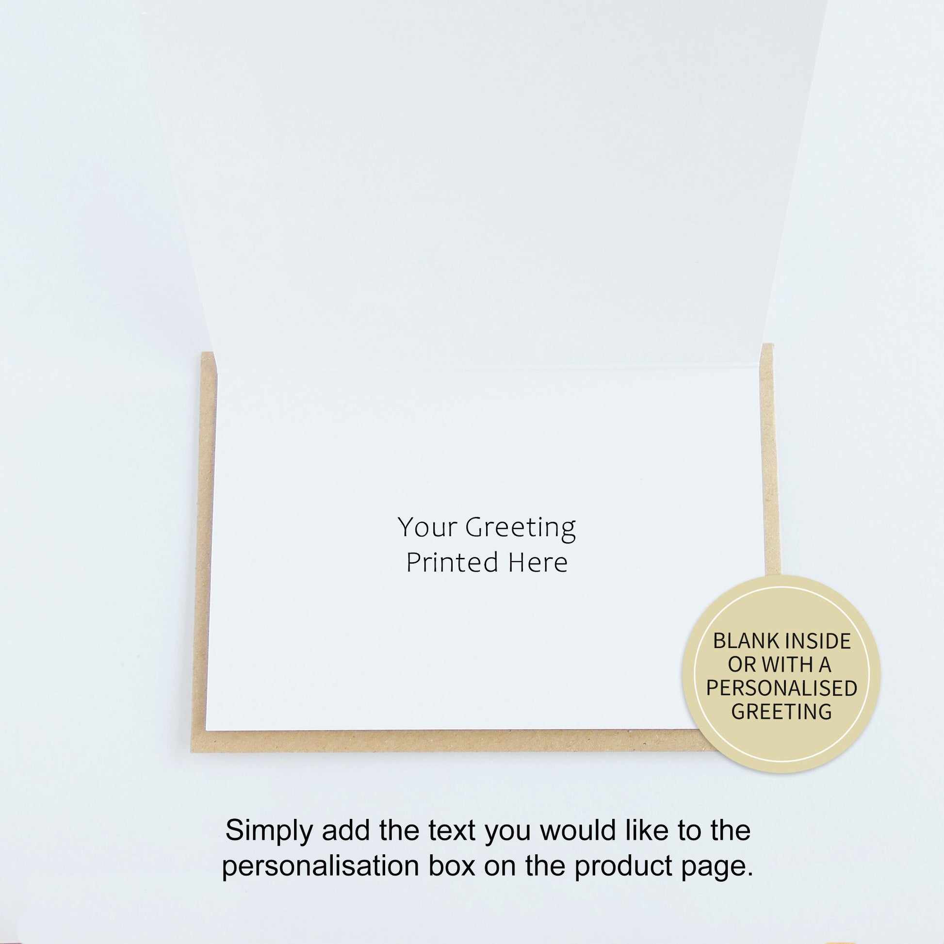 Inside of card shown with 'Your Greeting Printed Here' and instructions for personalisation