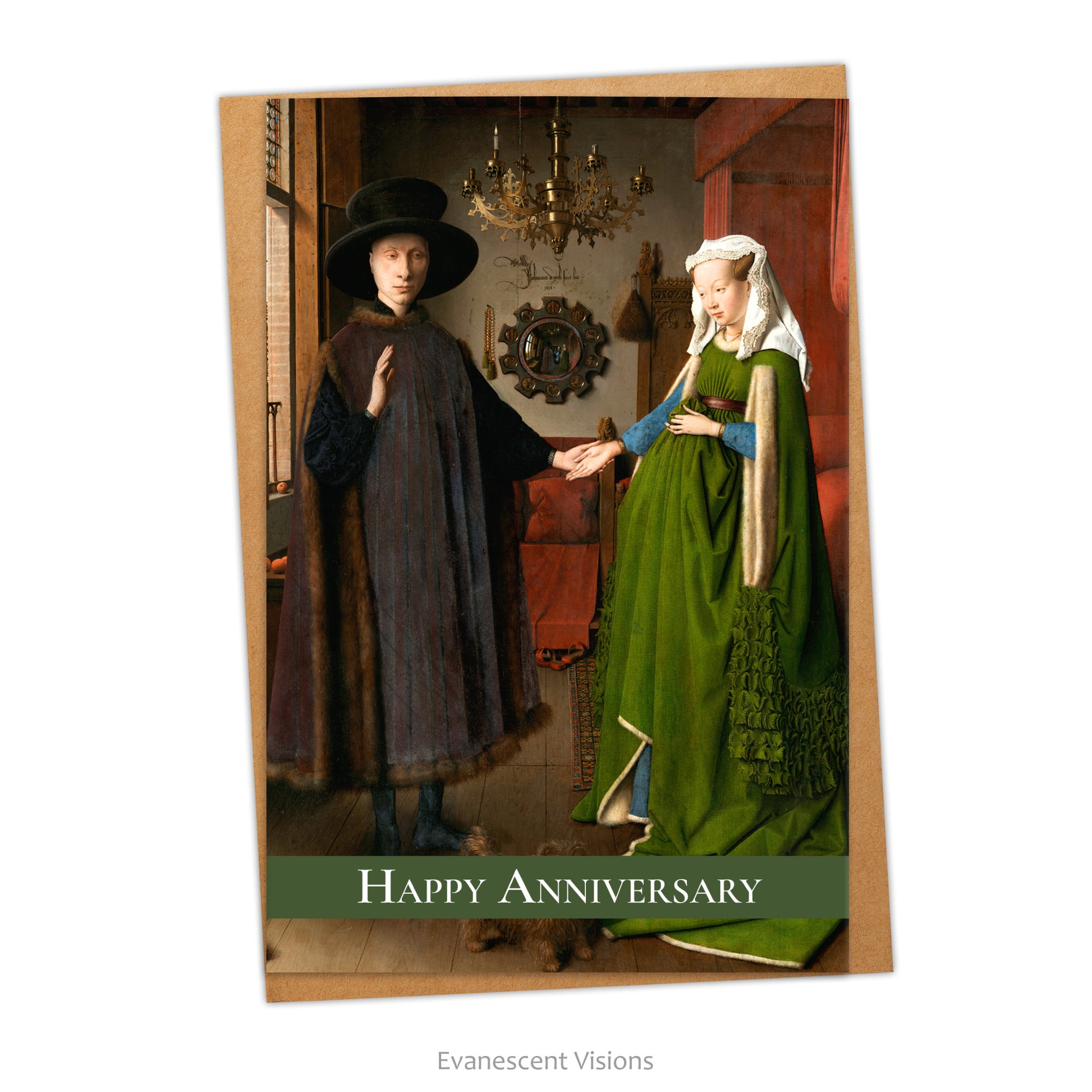 Happy Anniversary card and envelope. Image on card shows famous 'Arnolfini Marriage' by Jan van Eyck.