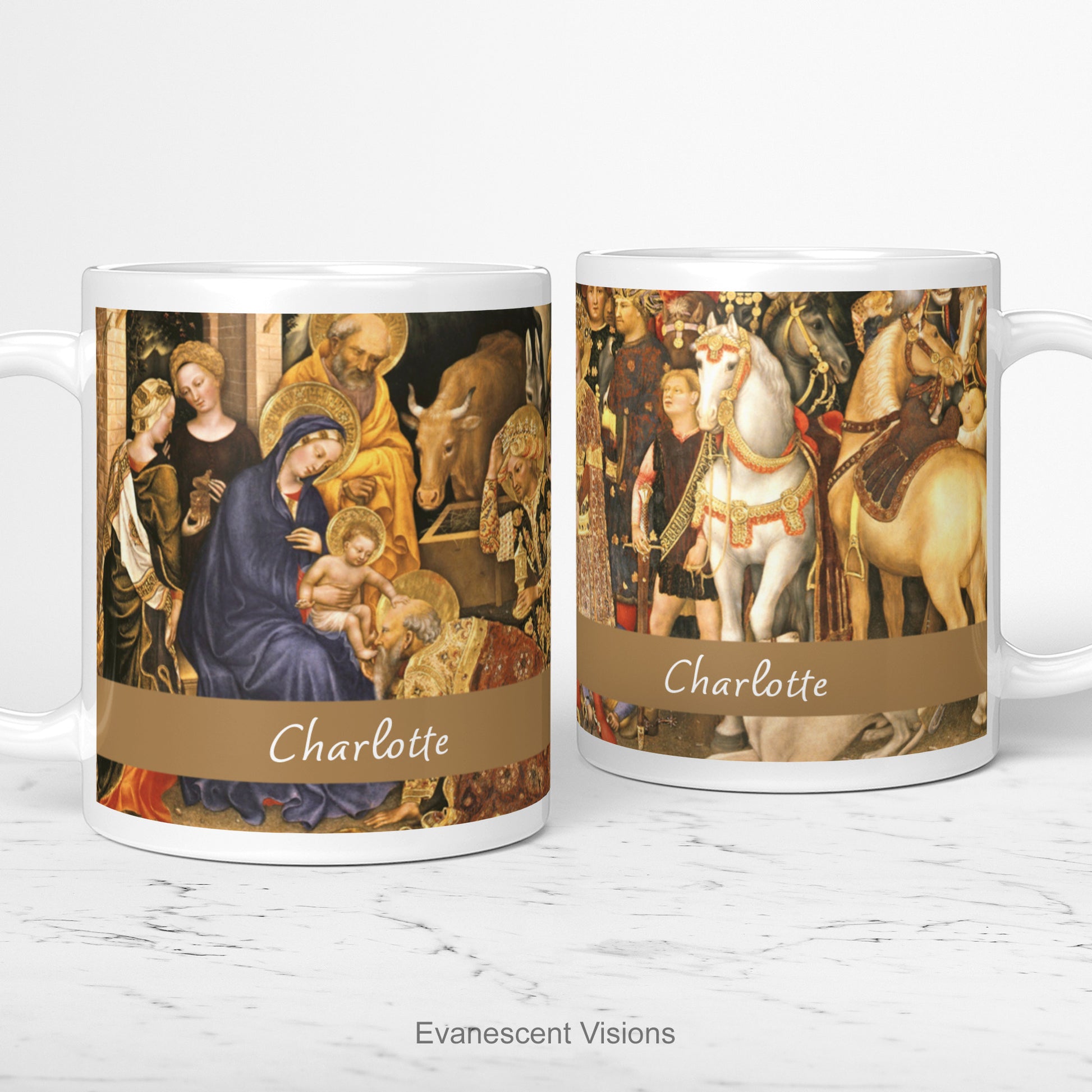 Left and right sides of the Adoration of the Magi nativity scene personalised ceramic mug