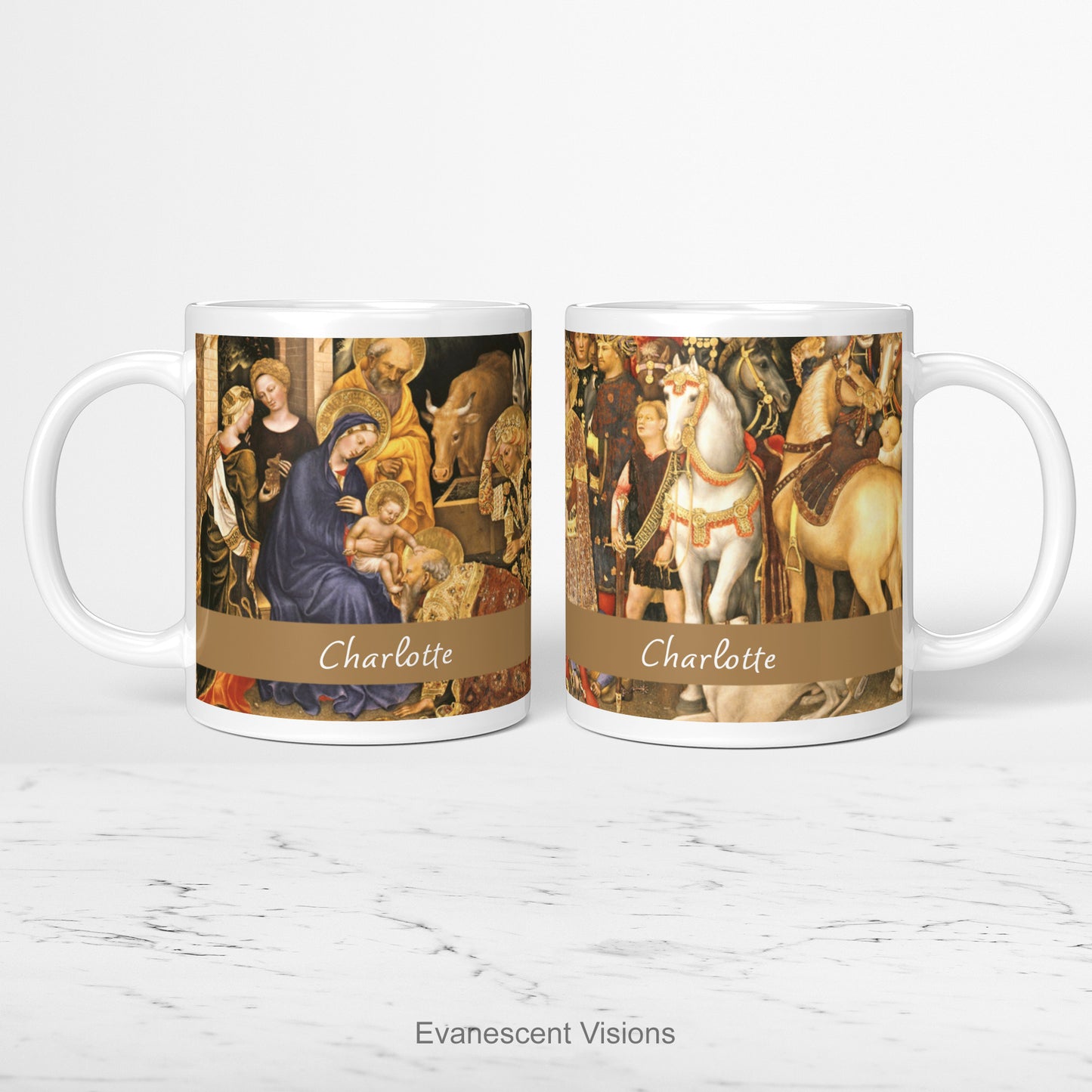 Left and right views of the Left and right sides of the Adoration of the Magi nativity scene personalised ceramic mug