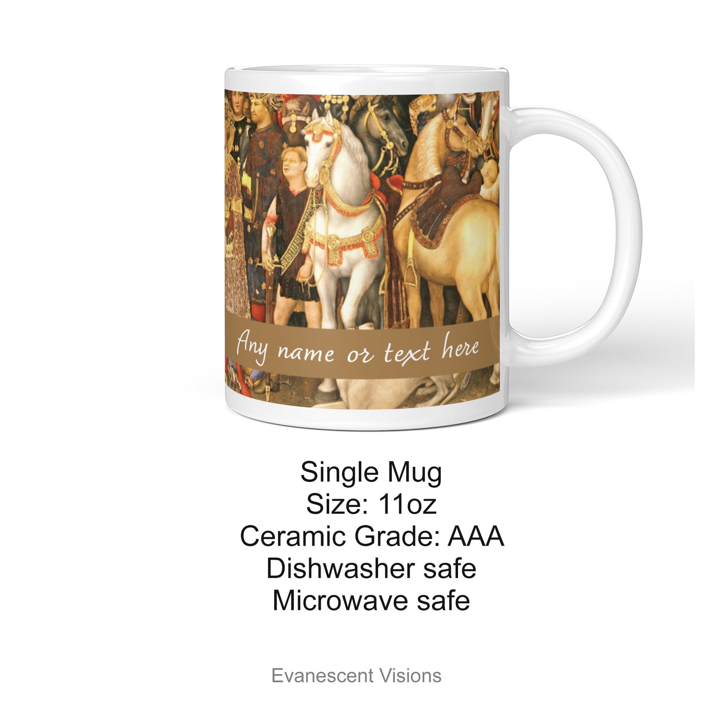 Product details for the Left and right sides of the Adoration of the Magi nativity scene personalised ceramic mug