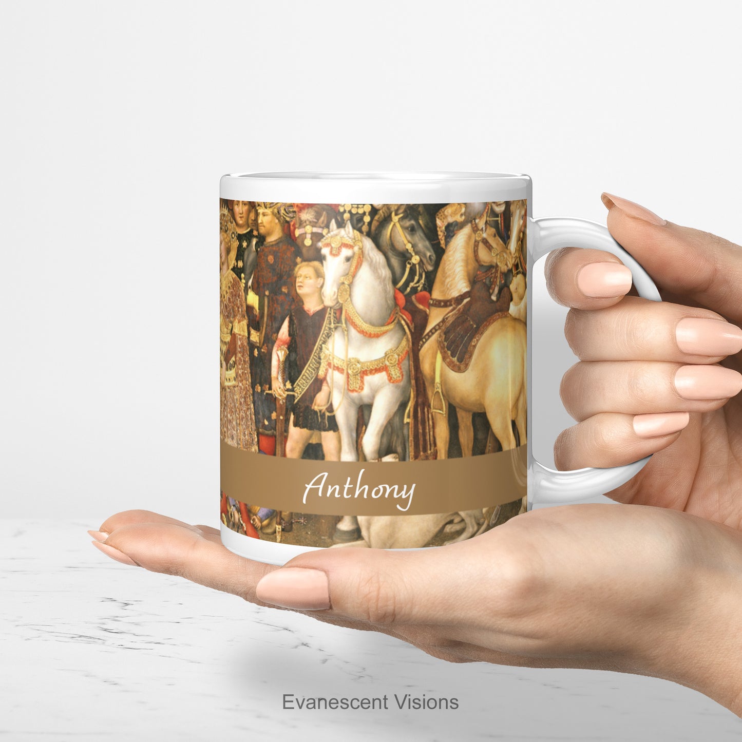 Adoration of the Magi nativity scene personalised ceramic mug, being held in a woman's hand