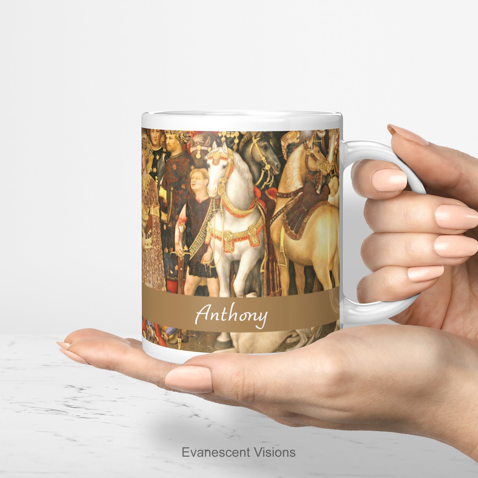 Adoration of the Magi nativity scene personalised ceramic mug, being held in a woman's hand