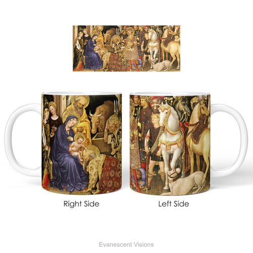 Left and right side views of the ceramic mug with print of painting 'The Adoration of the Magi' by Gentile Fabriano.