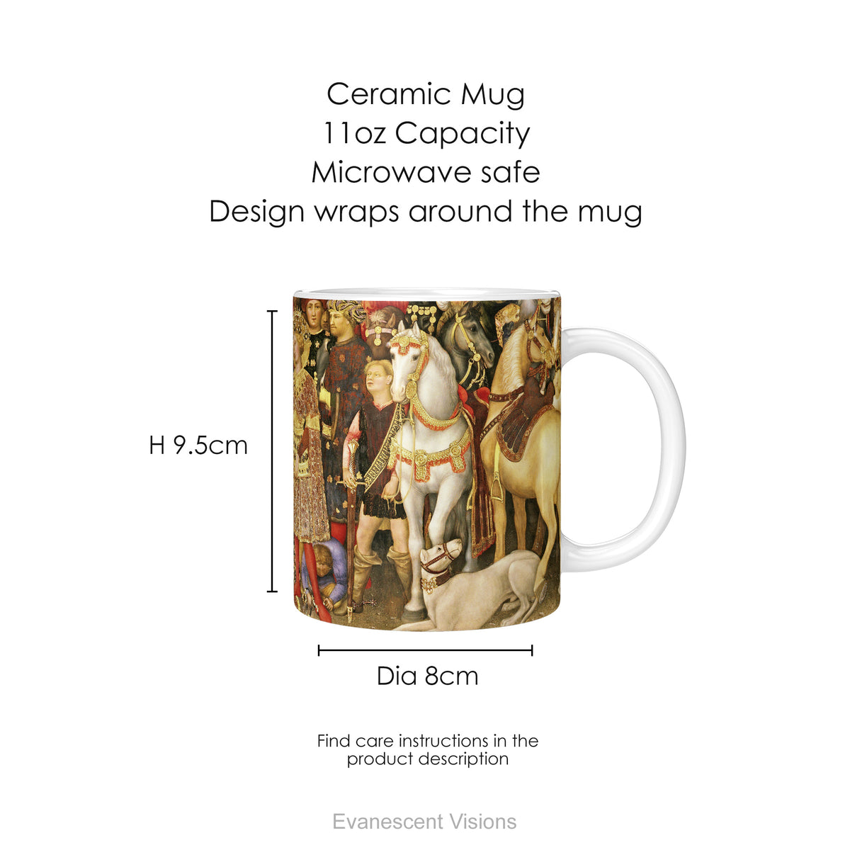 Ceramic mug with print of painting 'The Adoration of the Magi', with mug dimensions.