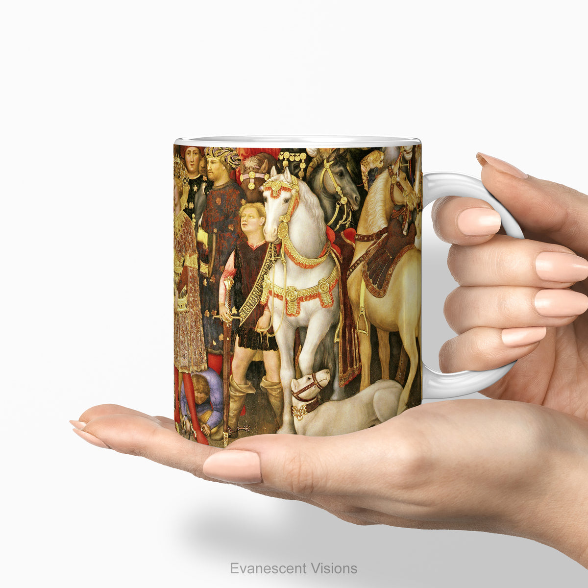 Hand holding the ceramic mug with print of painting 'The Adoration of the Magi' .