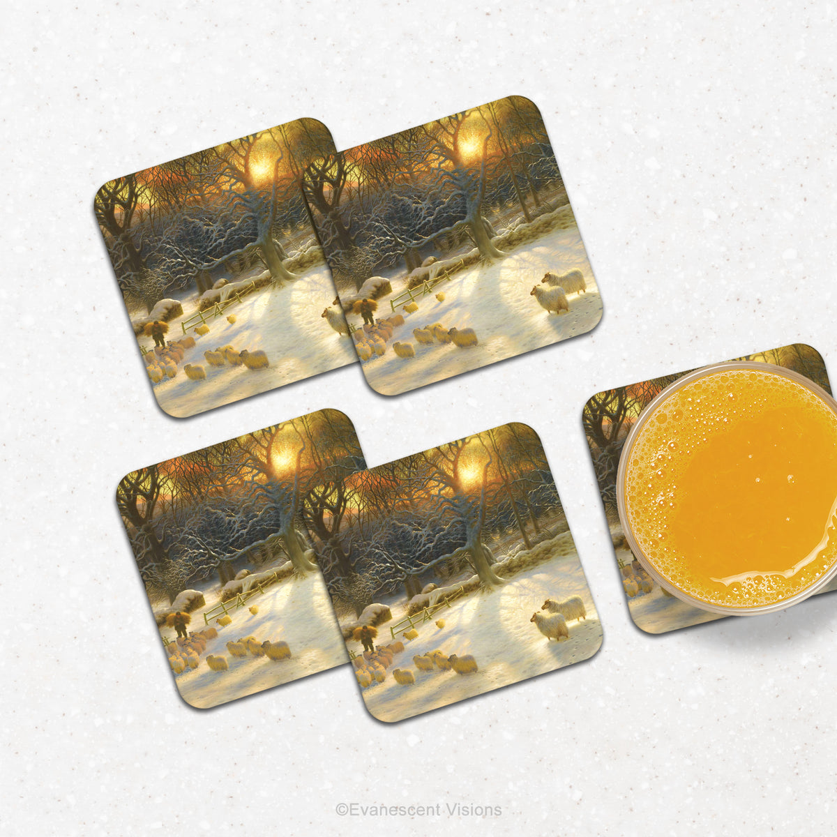 Farquharson Shortening Winter coaster set on a counter top with a drink.
