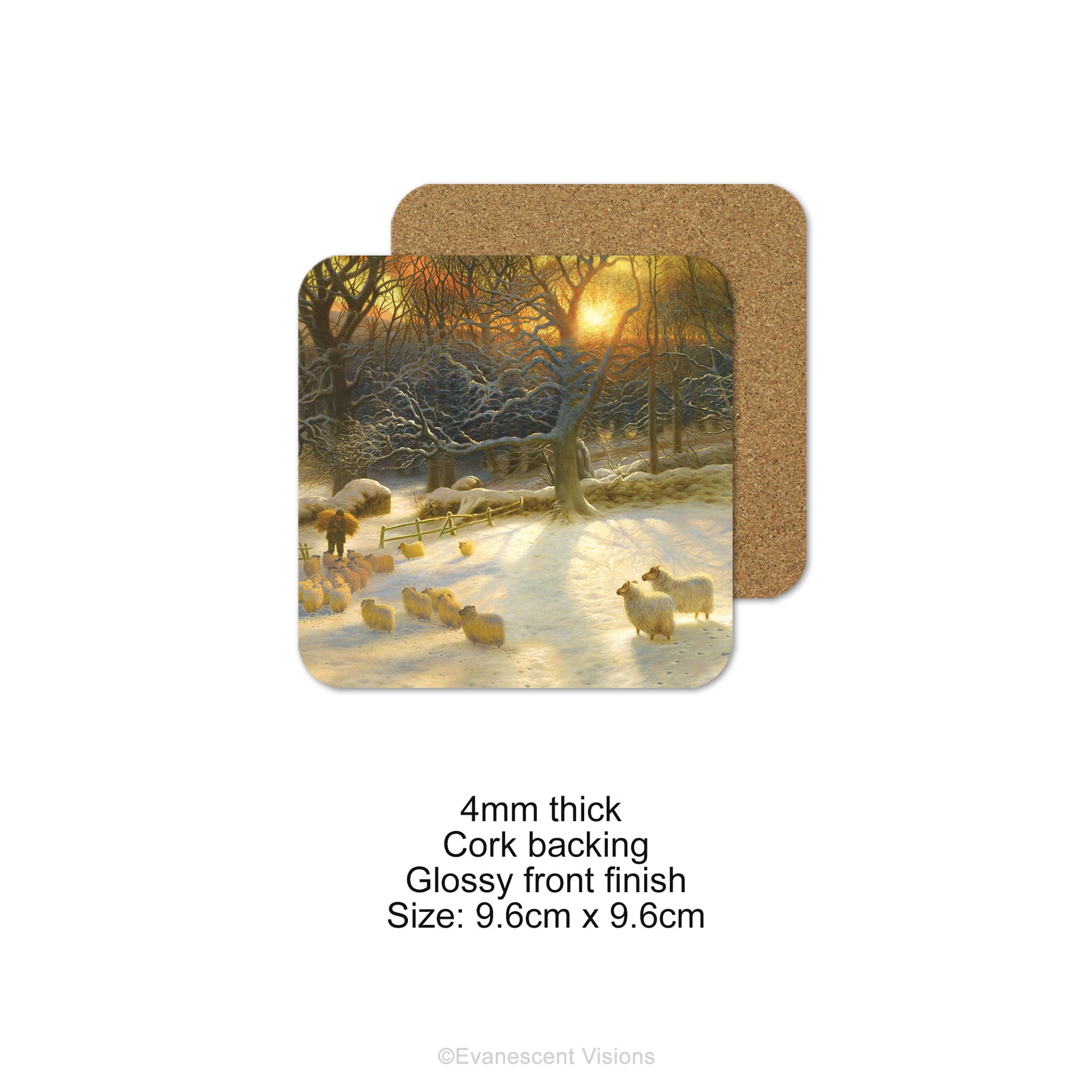 Front and back view and product details for the Farquharson Shortening Winters Day Coaster Set 