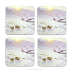 4 coasters with a print of the snowy winter landscape painting 'Southland Hills' by Joseph Farquharson, shown on a plain white background.  