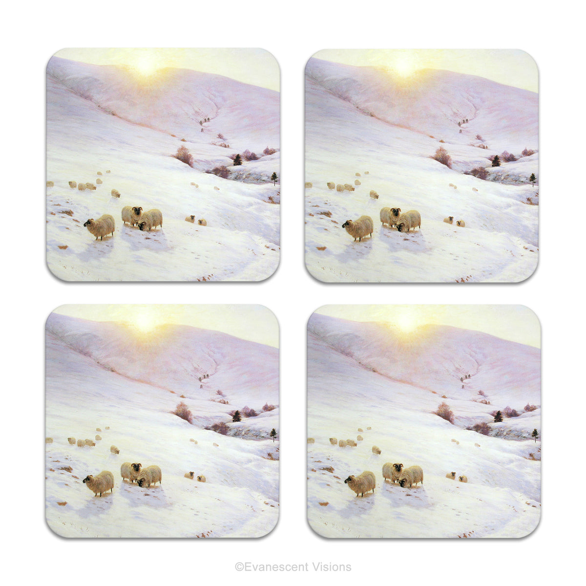 4 coasters with a print of the snowy winter landscape painting 'Southland Hills' by Joseph Farquharson, shown on a plain white background.  