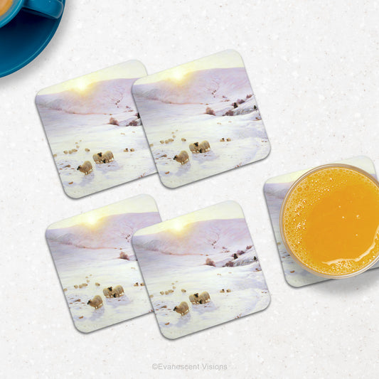 Farquharson Southland Hills Painting Winter Coaster Set on a kitchen surface with drinks