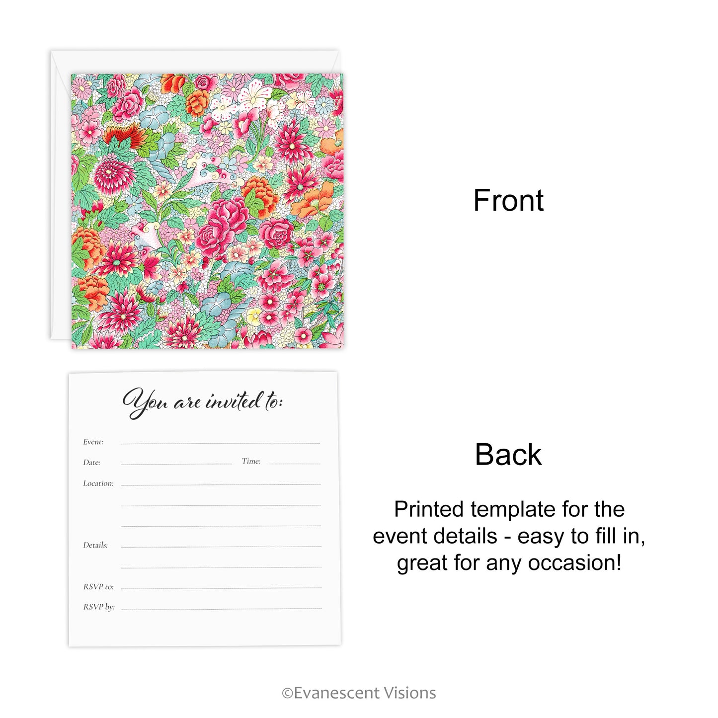 Front and back views of the Artistic Floral Invitation, Blank Fill-In Invite, for All Occasions.