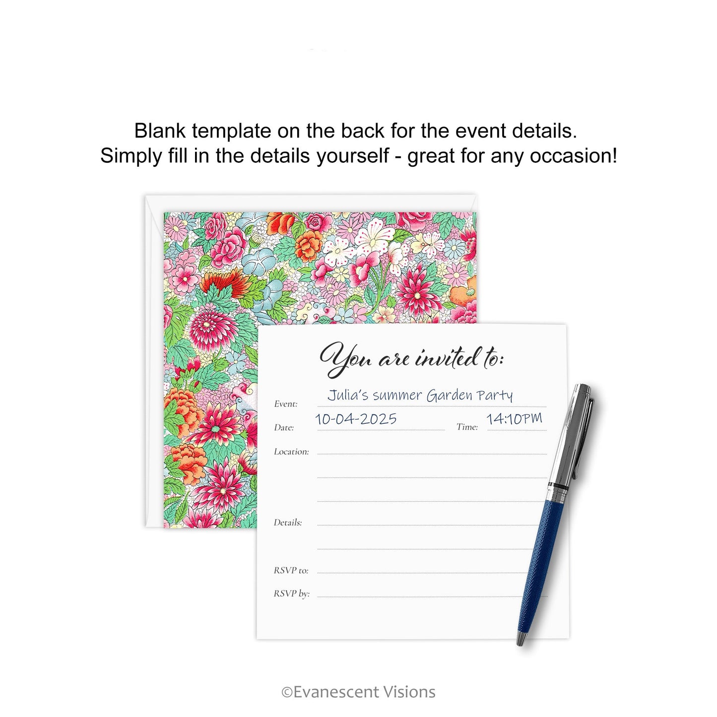 Front and back views of the Artistic Floral Invitation, Blank Fill-In Invite, for All Occasions. with example of filled in event details.