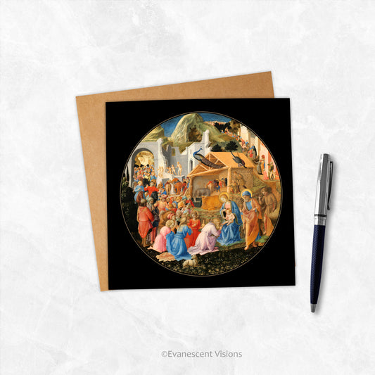 Renaissance Christmas Nativity, Religious Greeting Card on a table with a pen