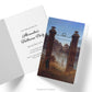 Front and inside views of the Cemetery Entrance Custom Halloween Invitation Cards, with artwork by Caspar David Friedrich