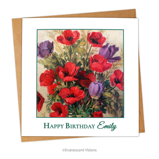 Bouquet of Poppies Personalised Name Birthday Card with envelope