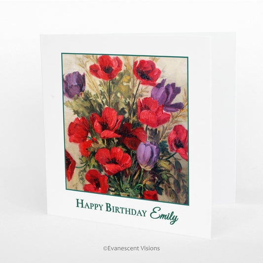 Bouquet of Poppies Personalised Name Birthday Card standing on a white surface.