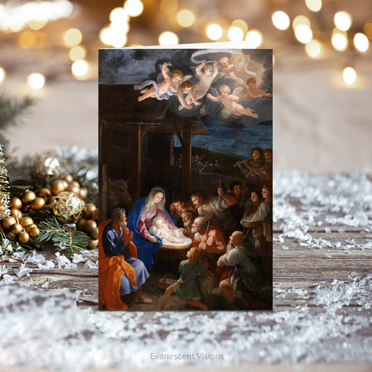 Renaissance and Baroque Religious Fine Art Christmas Card on a Christmas themed table
