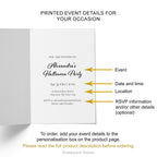 Inside view of the invitation card showing and example of printed event details, with ordering instructions. 