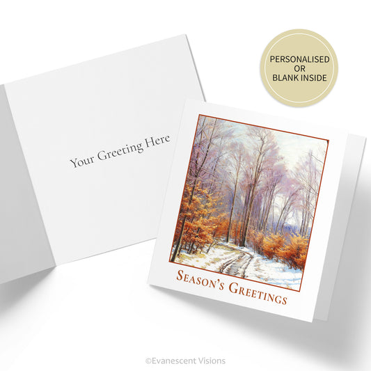 Front and inside custom greeting views of the Winter Woods Traditional Christmas Card with artwork by Sigvard Hansen.