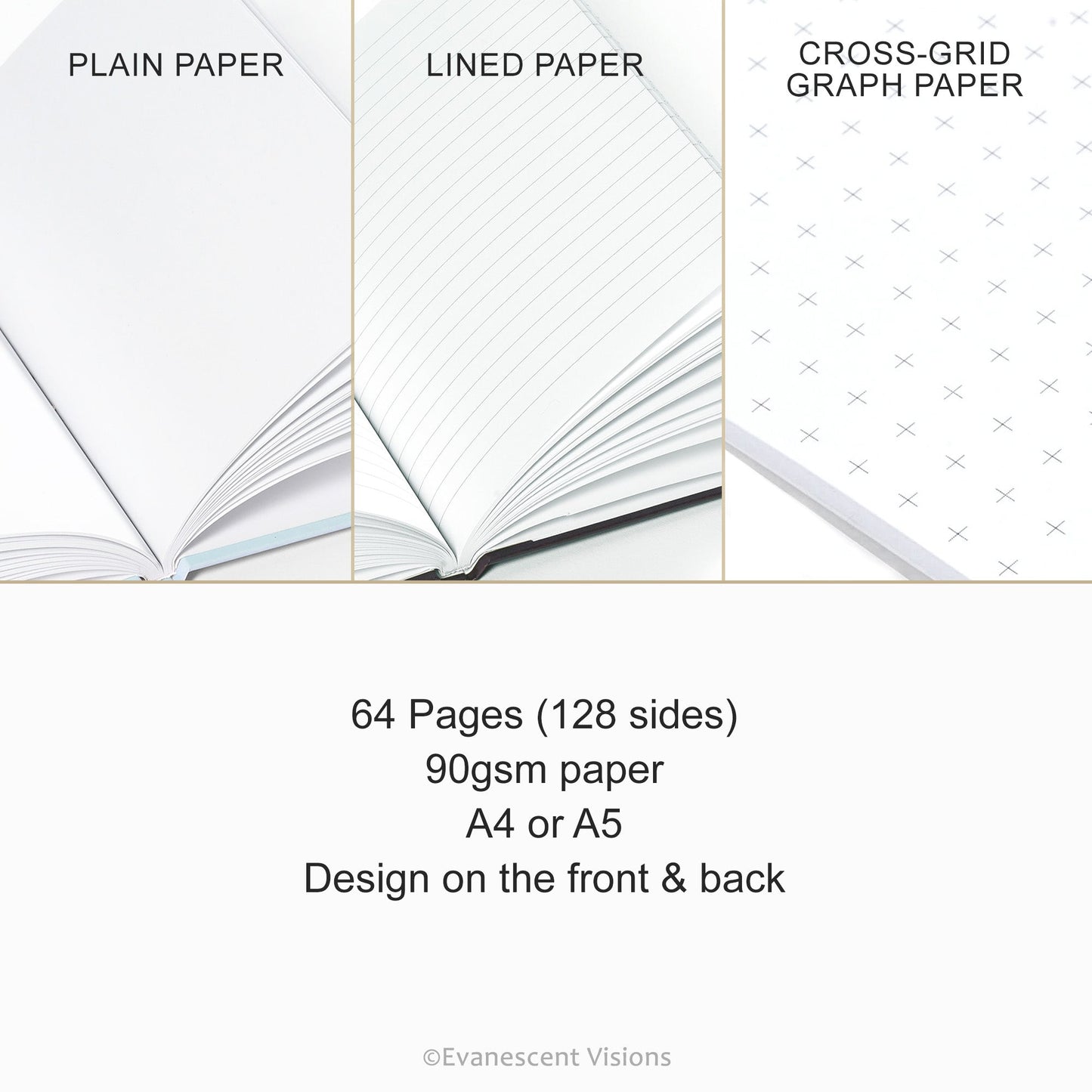 Product details for A4/A5 Hardback notebook showing choice of paper, plain, lined or grid