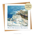 Card and envelope. The image on the card shows a woman dressed in white with a hat looks out over the sea from a rocky outcrop.  Under the image is written 'Happy Retirement Elizabeth.' The sun is bright and the sea very blue. A sticker says 'personalised or blank inside.'