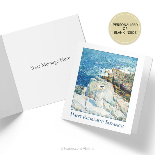 A card shows a woman dressed in white with a hat looks out over the sea from a rocky outcrop. The sun is bright and the sea very blue. Under the image is written 'Happy Retirement Elizabeth.' The inside of the card is shown with a custom message. Sticker says 'personalised or blank inside.'