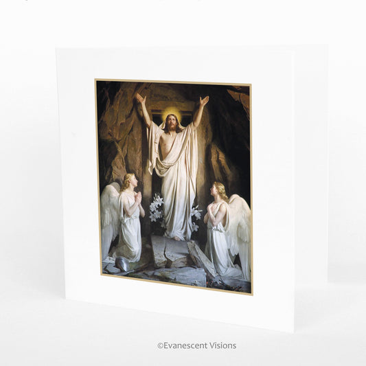 Resurrection of Christ Religious Easter Card standing on a table. 