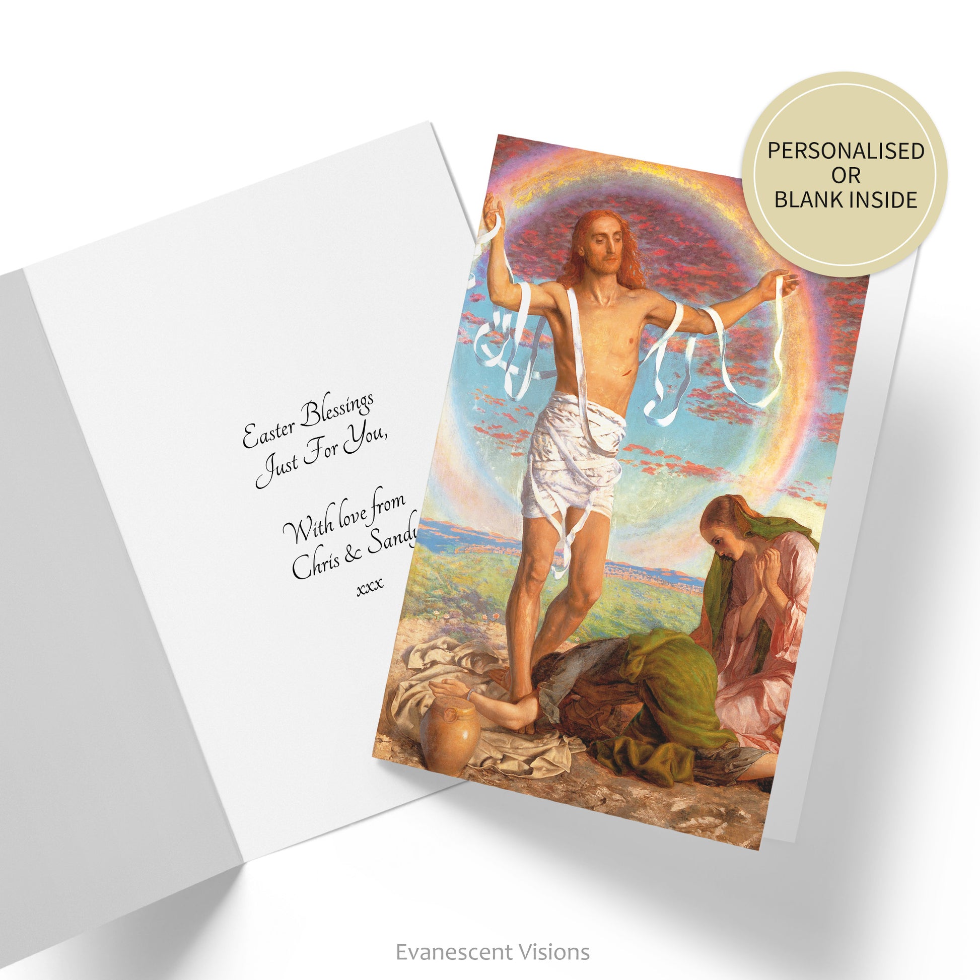 Card with image from William Holman Hunt's painting, 'Christ and the Two Marys.' Inside of card shown with custom greeting. Sticker says, 'Personalised or blank inside.'